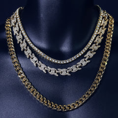 14k Chain 3pcs Bundle 18" Tennis Choker 20" Puff Mariner  & 24" Miami Cuban Chain