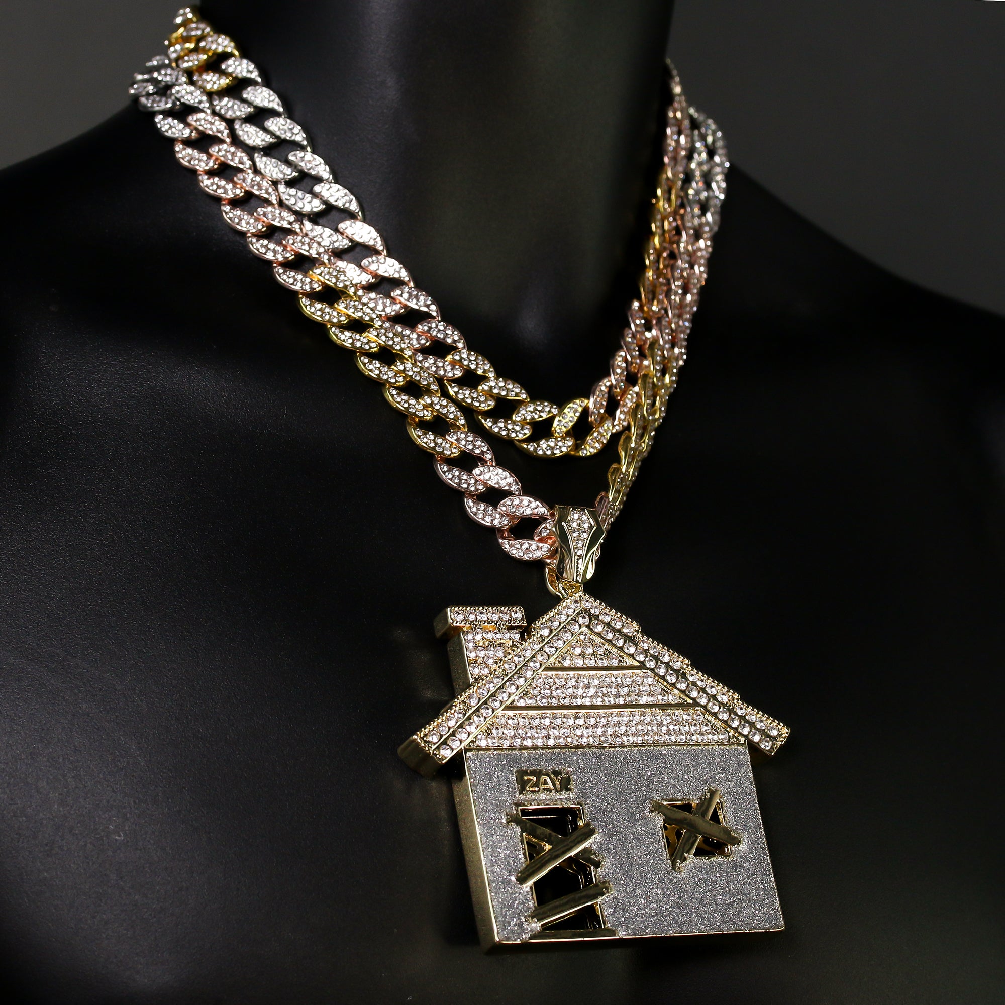 3pc Set โ Huge Stardust Bando House Pendant & 3-Tone Iced Cuban Chains 18"/20"