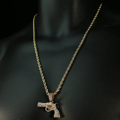 Fully Cz Revolver & Huggie Hoop Revolver Gun Earrings 14k Gold Plated 4mm 24" Rope Chain