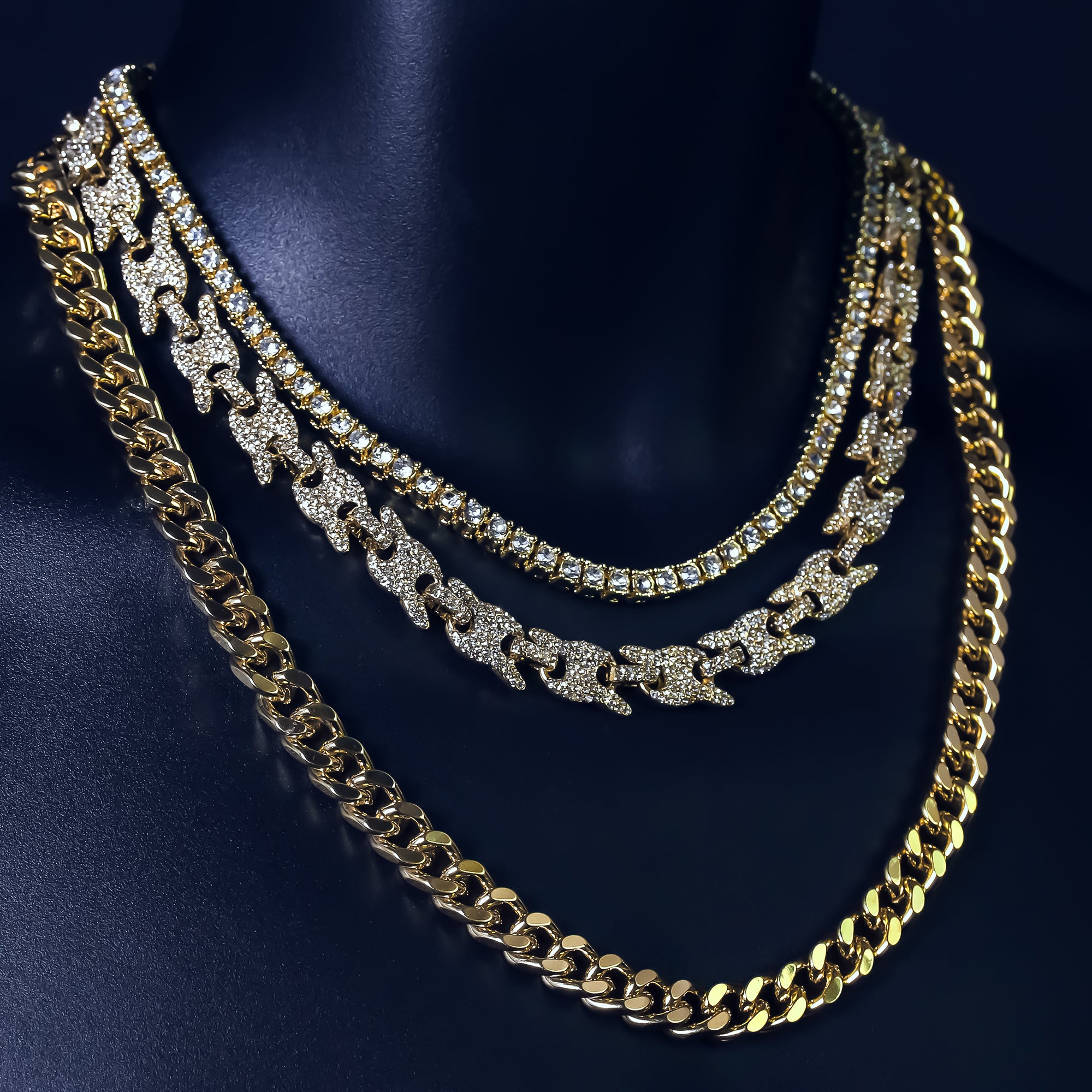 14k Chain 3pcs Bundle 18" Tennis Choker 20" Puff Mariner & 24" Miami Cuban Chain