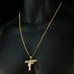 Stainless Steel Gold Uzi Gun 3mm 24" Cuban Chain & Huggie Hoop Revolver Gun Dangle Earrings