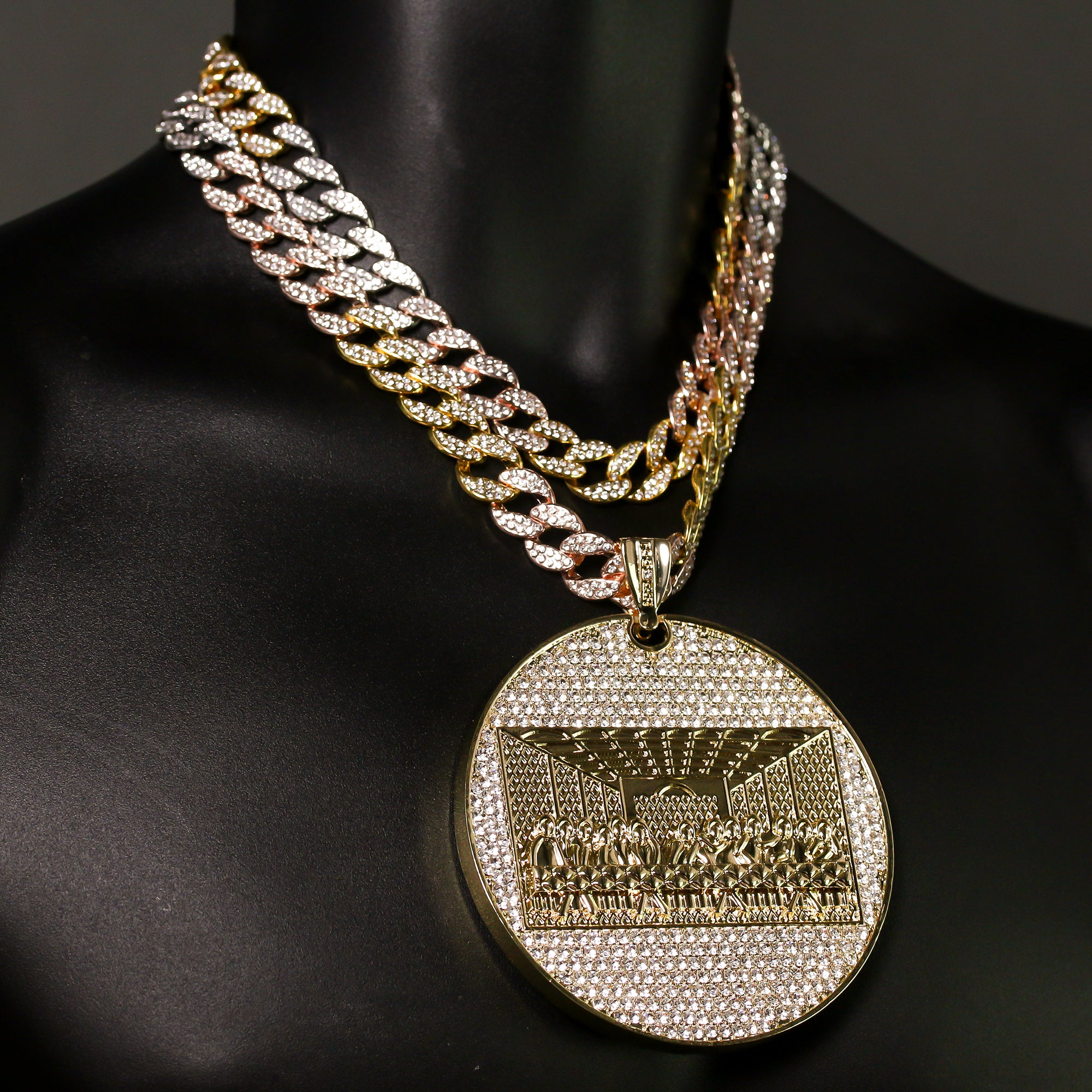3pc Set – Huge Last Supper Pendant & 3-Tone Iced Cuban Chains 18"/20"