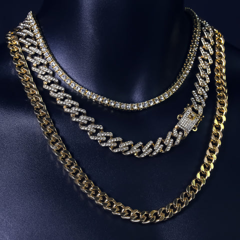 14k Chain 3pcs Bundle 18" Tennis Choker 20"  Prong Cuban  & 24" Miami Cuban Chain