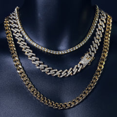 14k Chain 3pcs Bundle 18" Tennis Choker 20"  Prong Cuban  & 24" Miami Cuban Chain