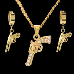 SST Gold Cz Revolver Gun 24" Cuban Chain/Huggie Hoop Revolver Gun Dangle Earring 2pc Set