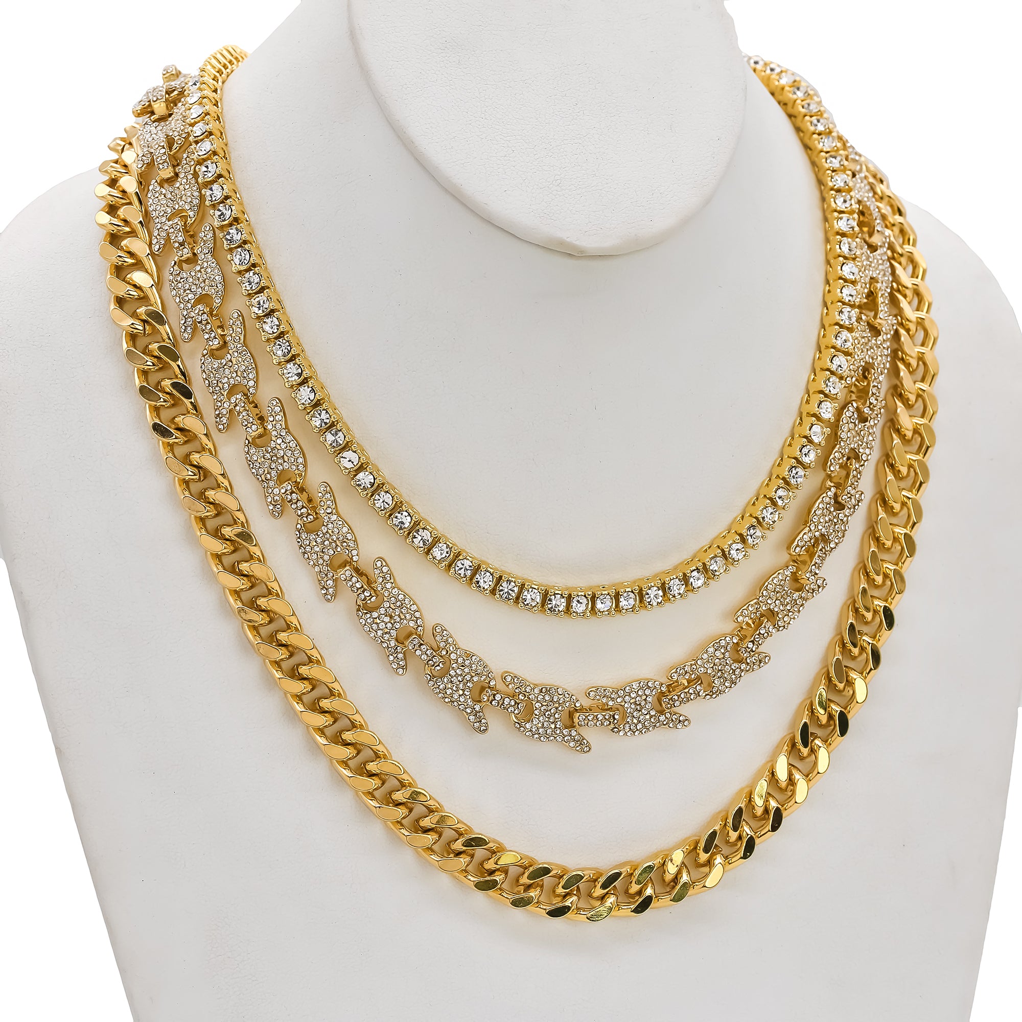 14k Chain 3pcs Bundle 18" Tennis Choker 20" Puff Mariner & 24" Miami Cuban Chain