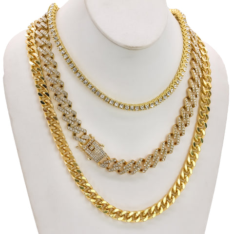 14k Chain 3pcs Bundle 18" Tennis Choker 20"  Prong Cuban  & 24" Miami Cuban Chain
