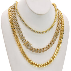 14k Chain 3pcs Bundle 18" Tennis Choker 20"  Prong Cuban  & 24" Miami Cuban Chain