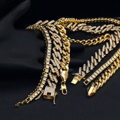 14k Chain 3pcs Bundle 18" Tennis Choker 20"  Prong Cuban  & 24" Miami Cuban Chain