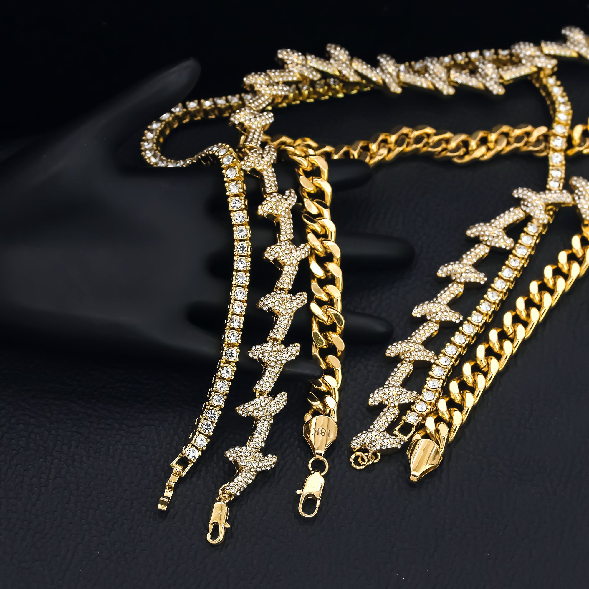 14k Chain 3pcs Bundle 18" Tennis Choker 20" Barbed Wire & 24" Miami Cuban Chain