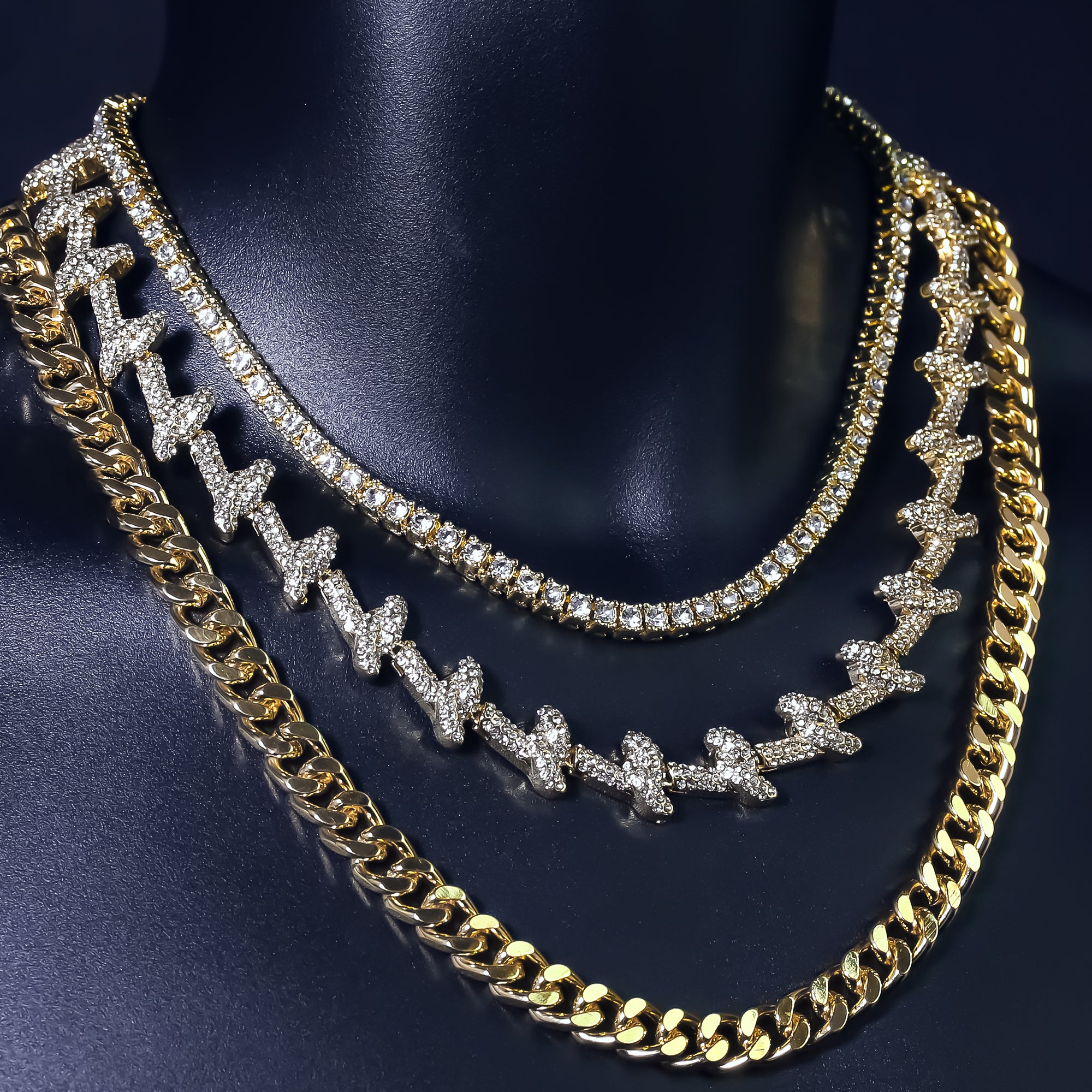 14k Chain 3pcs Bundle 18" Tennis Choker 20" Barbed Wire & 24" Miami Cuban Chain