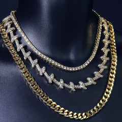 14k Chain 3pcs Bundle 18" Tennis Choker 20" Barbed Wire  & 24" Miami Cuban Chain