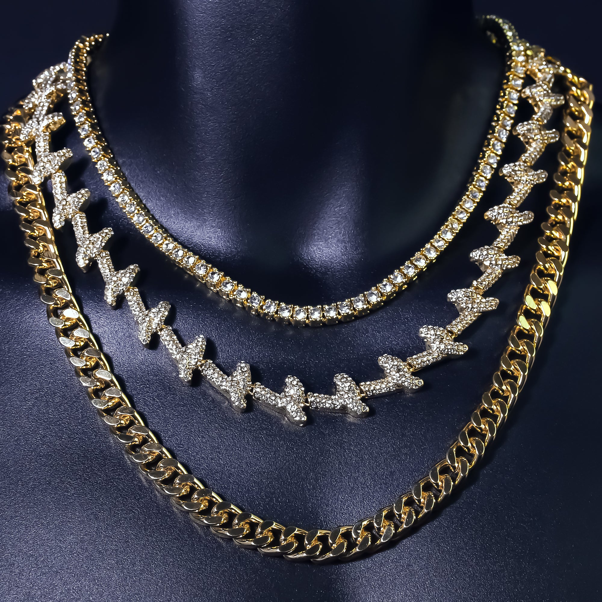 14k Chain 3pcs Bundle 18" Tennis Choker 20" Barbed Wire & 24" Miami Cuban Chain