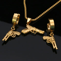 SST Gold Pistol Gun 24" Cuban Chain/Huggie Hoop Revolver Gun Dangle Earring 2pc Set
