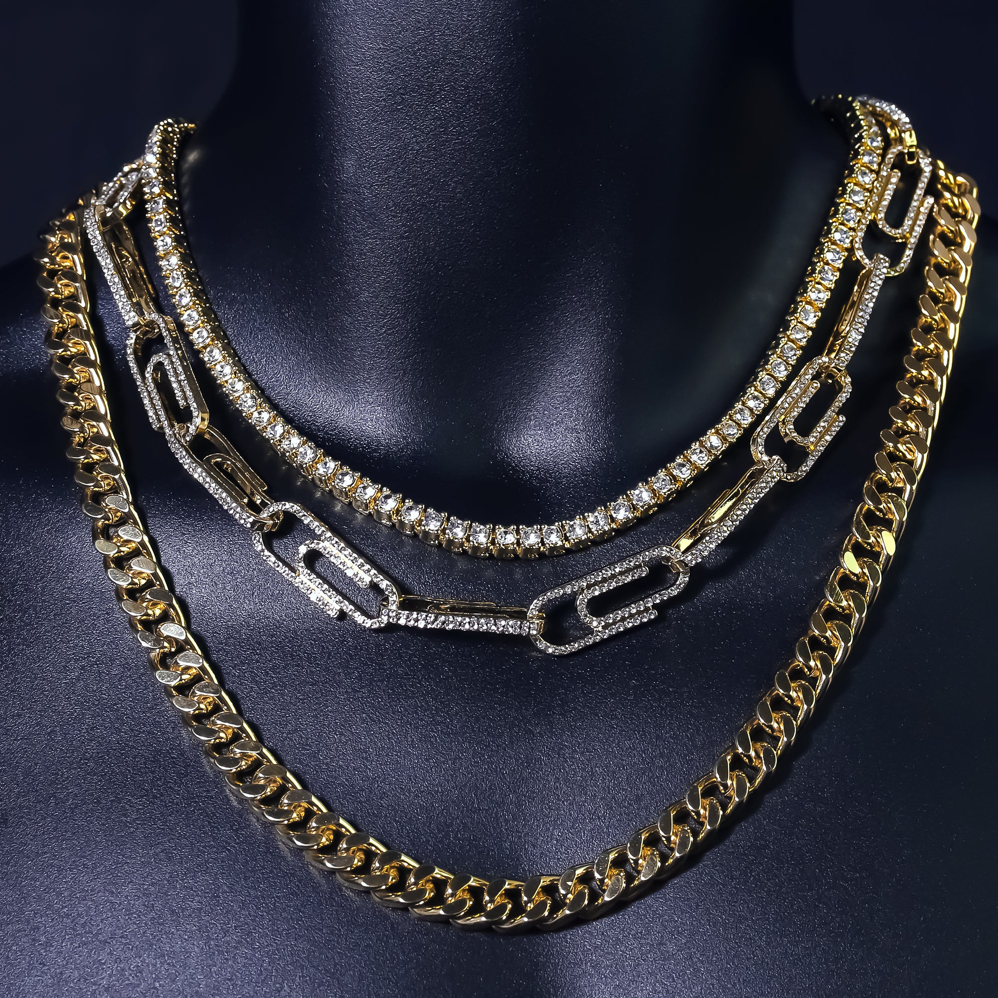 Copy of 14k Chain 3pcs Bundle 18" Tennis Choker 20" Paper Clip Link & 24" Miami Cuban Chain