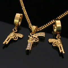 SST Gold Cz Revolver Gun 24" Cuban Chain/Huggie Hoop Revolver Gun Dangle Earring 2pc Set