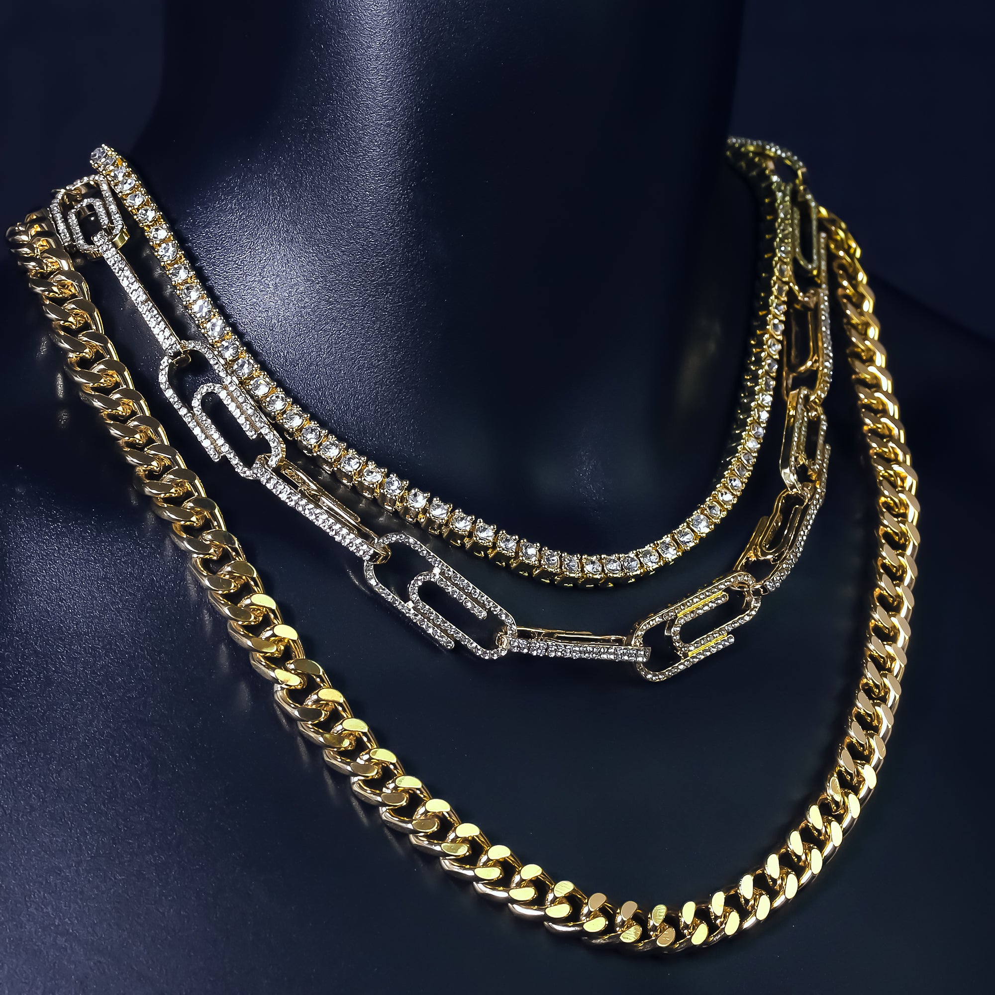 Copy of 14k Chain 3pcs Bundle 18" Tennis Choker 20" Paper Clip Link & 24" Miami Cuban Chain
