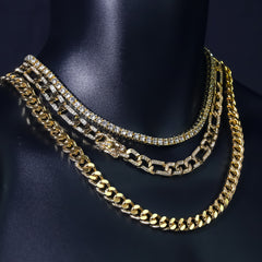 14k Chain 3pcs Bundle 18" Tennis Choker 20" Figaro & 24" Miami Cuban Chain