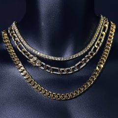 14k Chain 3pcs Bundle 18" Tennis Choker 20" Figaro & 24" Miami Cuban Chain