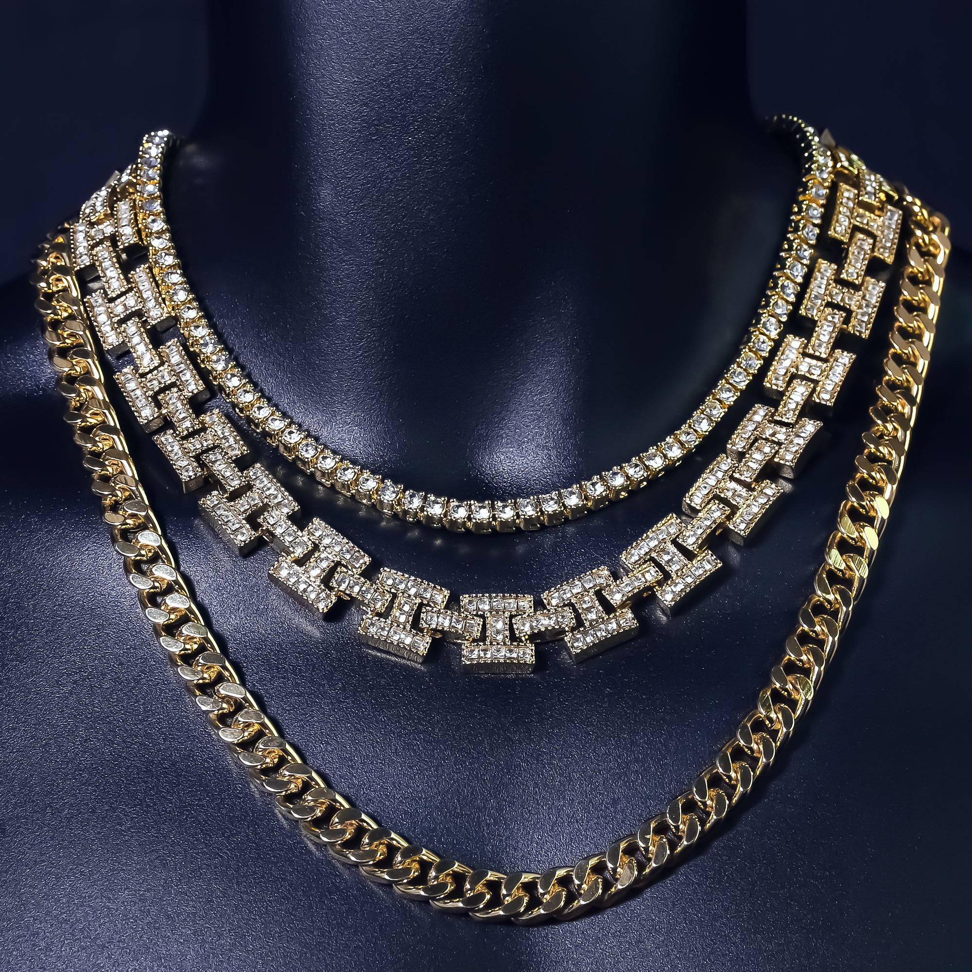 14k Chain 3pcs Bundle 18" Tennis Choker 20" H Style Link & 24" Miami Cuban Chain