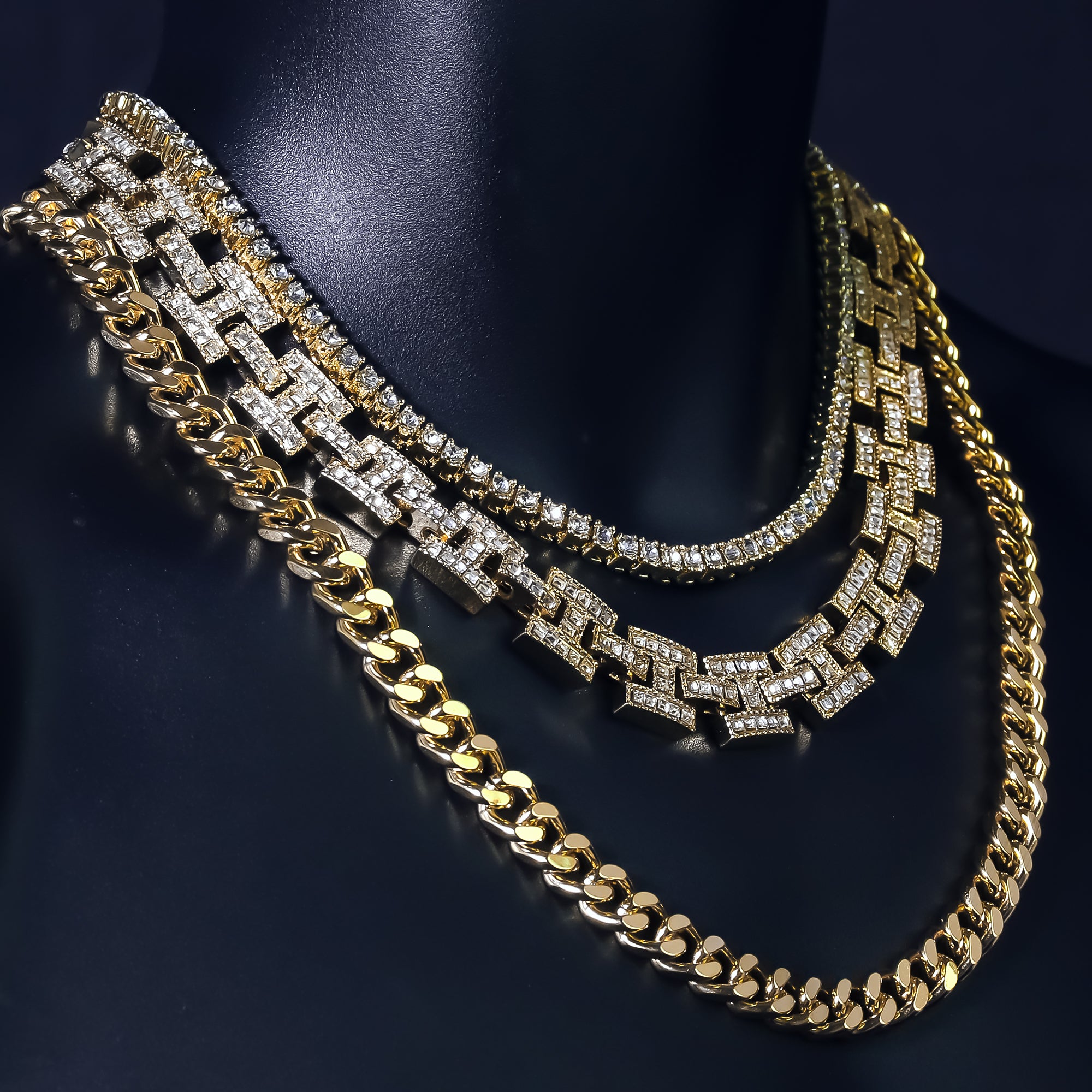 14k Chain 3pcs Bundle 18" Tennis Choker 20" H Style Link & 24" Miami Cuban Chain