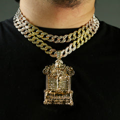 3pc Set Large Jesus Temple Gold Pt 18,20" Fully Cz Hip Hop 3 Tone Cuban Choker Chain