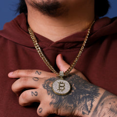 14k Gold Plated Medium Size Cz Bitcoin w/ 10mm 24" Frost Cuban Choker Chain