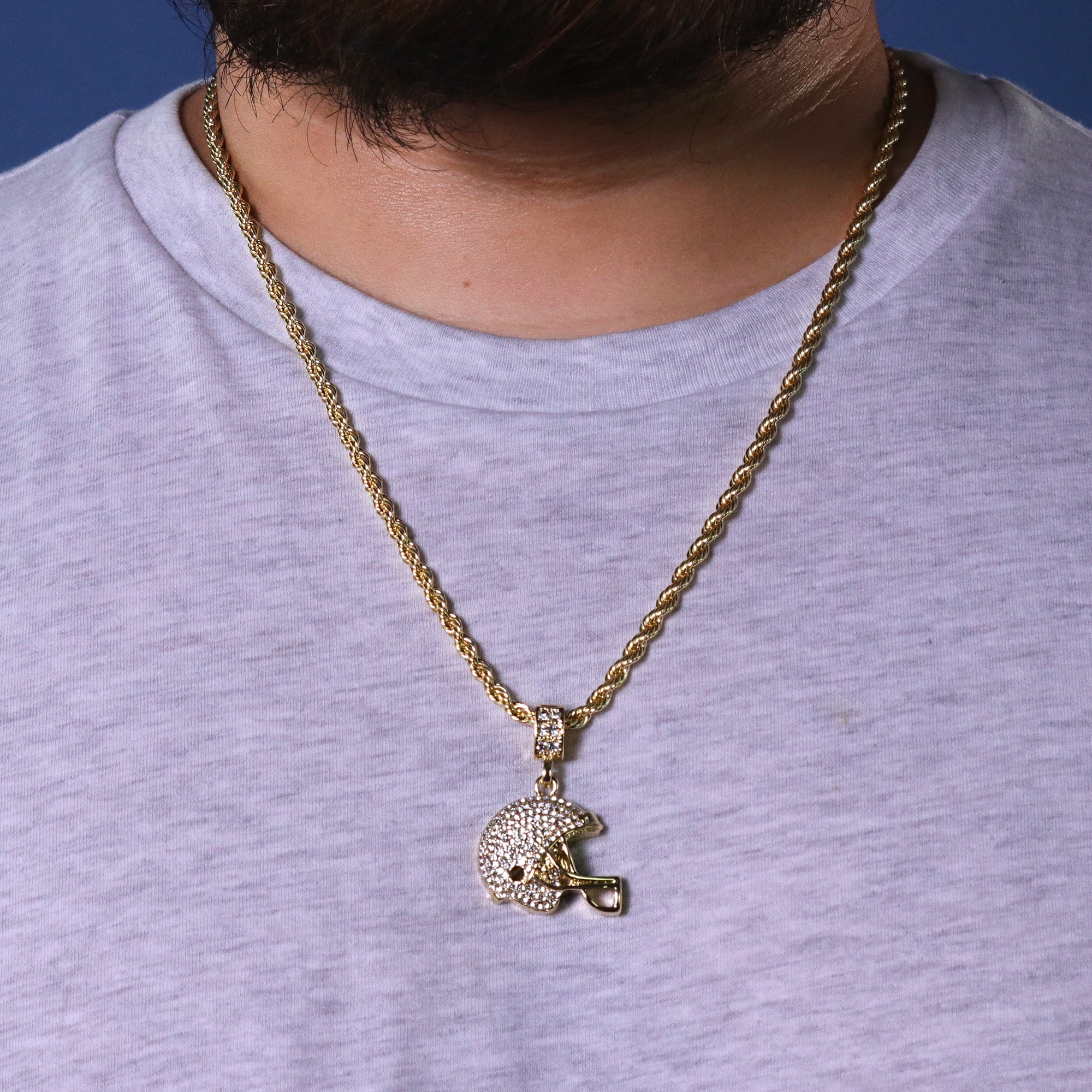 Football Helmet Pendant 24" Rope Chain Hip Hop 18k Jewelry