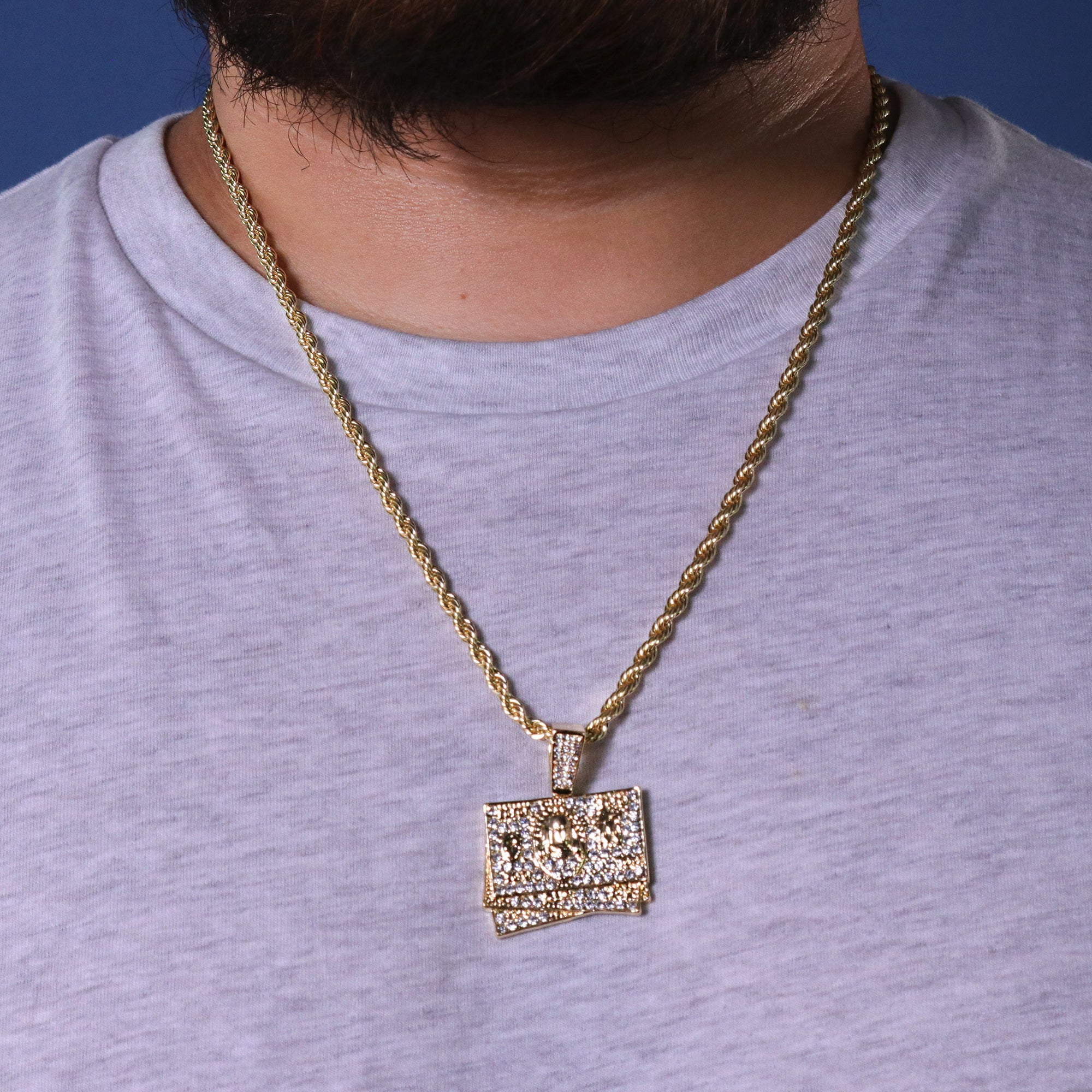 $100 Dollar Stack Pendant 24" Rope Chain Hip Hop 18k Jewelry