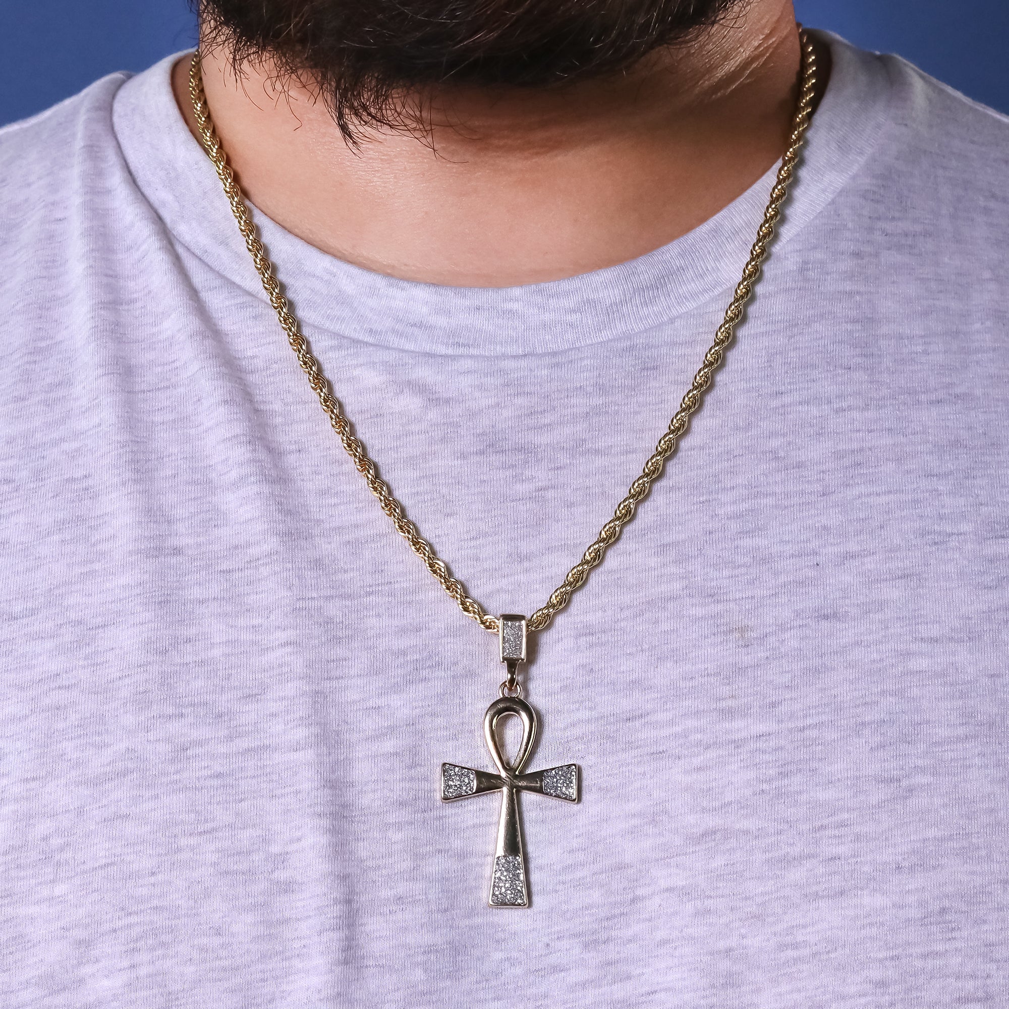 Stardust Ankh Pendant 24" Rope Chain Hip Hop 18k Jewelry