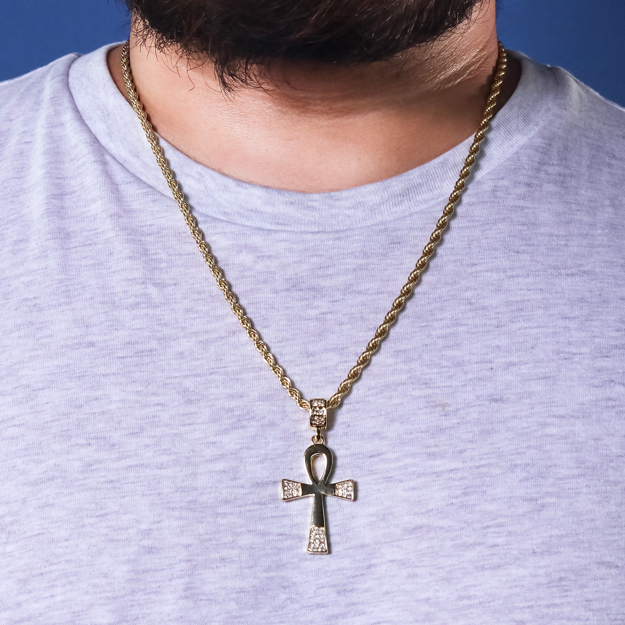 Edge Iced Ankh Pendant 24" Rope Chain Hip Hop 18k Jewelry