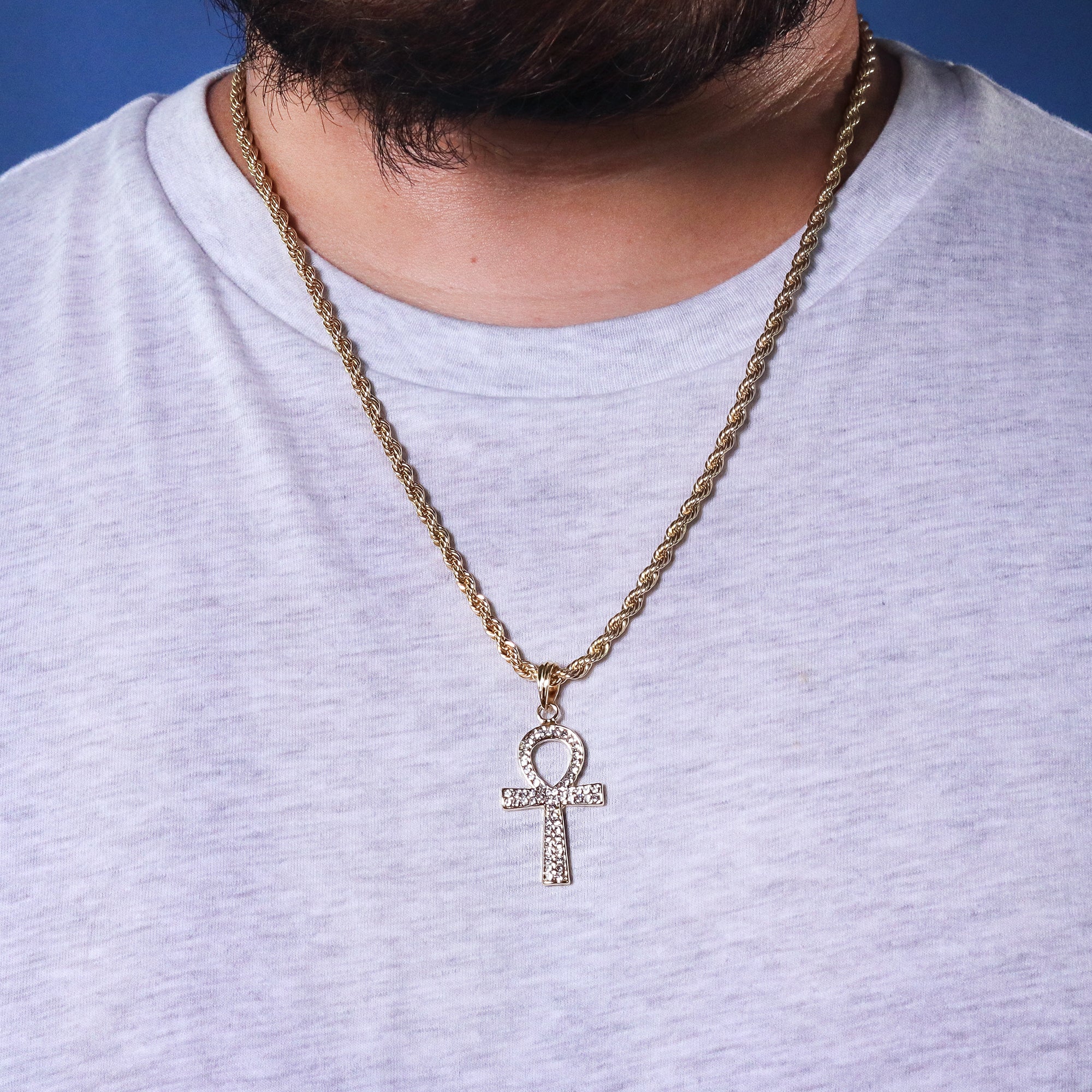 Egyptian Ankh Pendant 24" Rope Chain Hip Hop 18k Jewelry Necklace