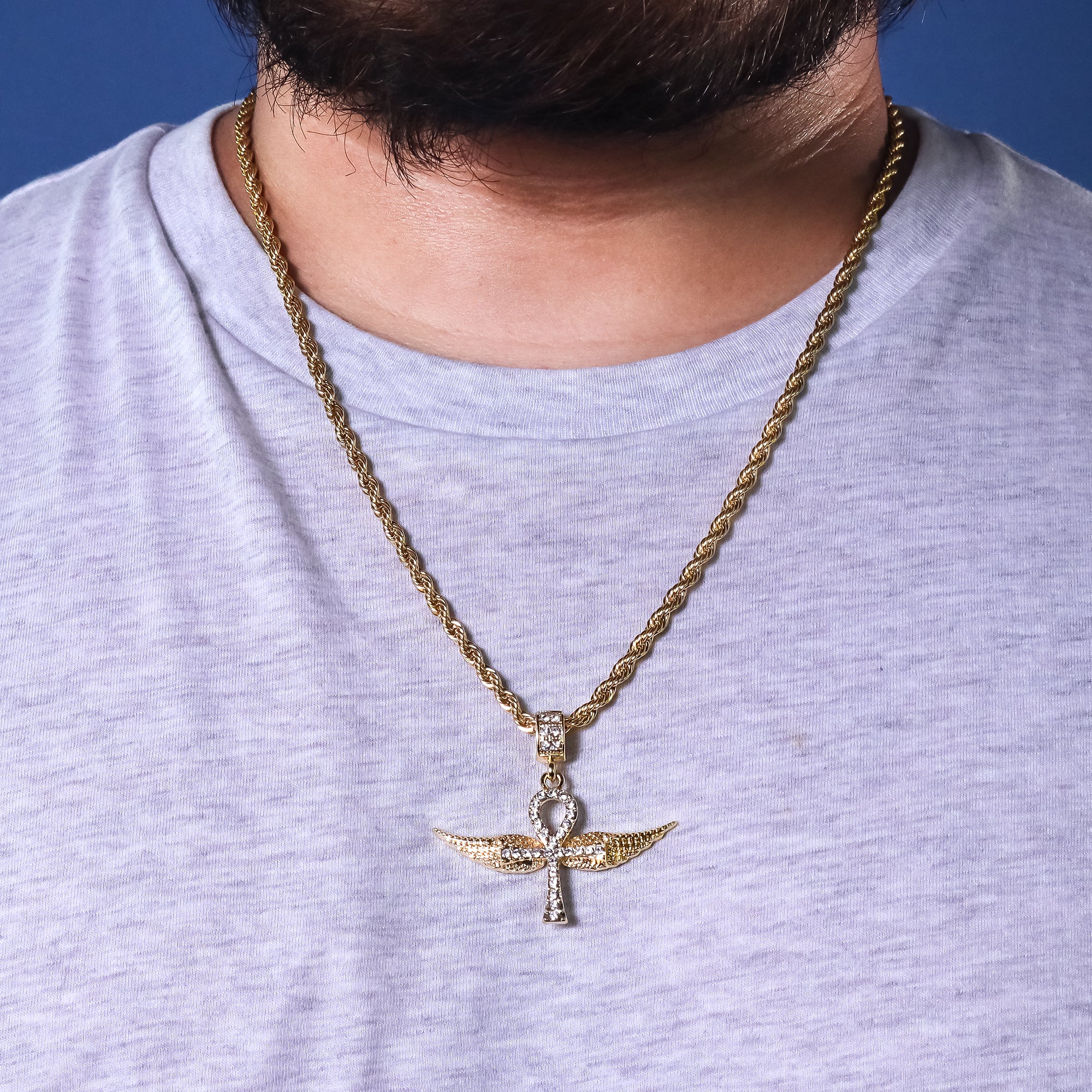 Wing Ankh Pendant 24" Rope Chain Hip Hop 18k Jewelry Necklace