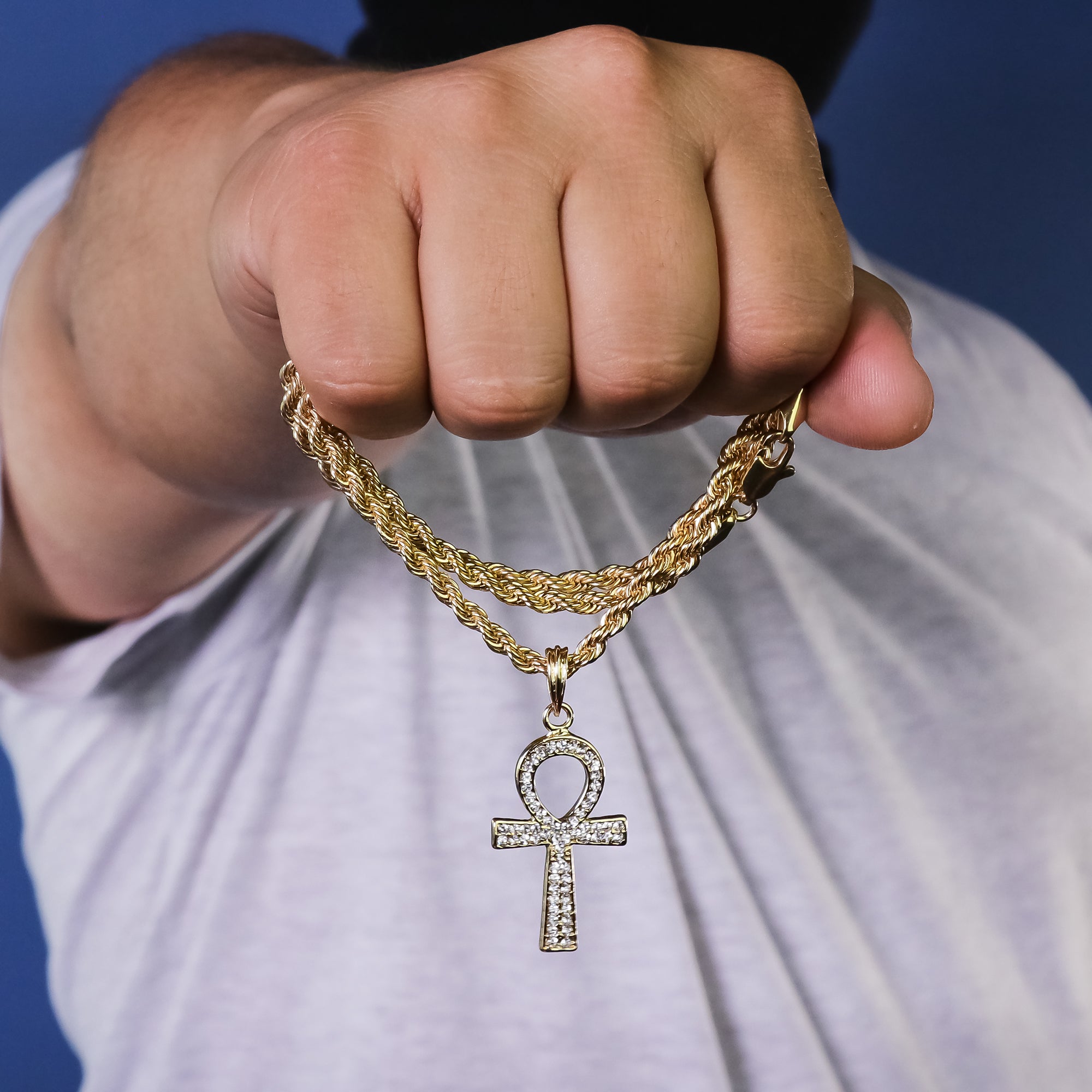 Egyptian Ankh Pendant 24" Rope Chain Hip Hop 18k Jewelry Necklace