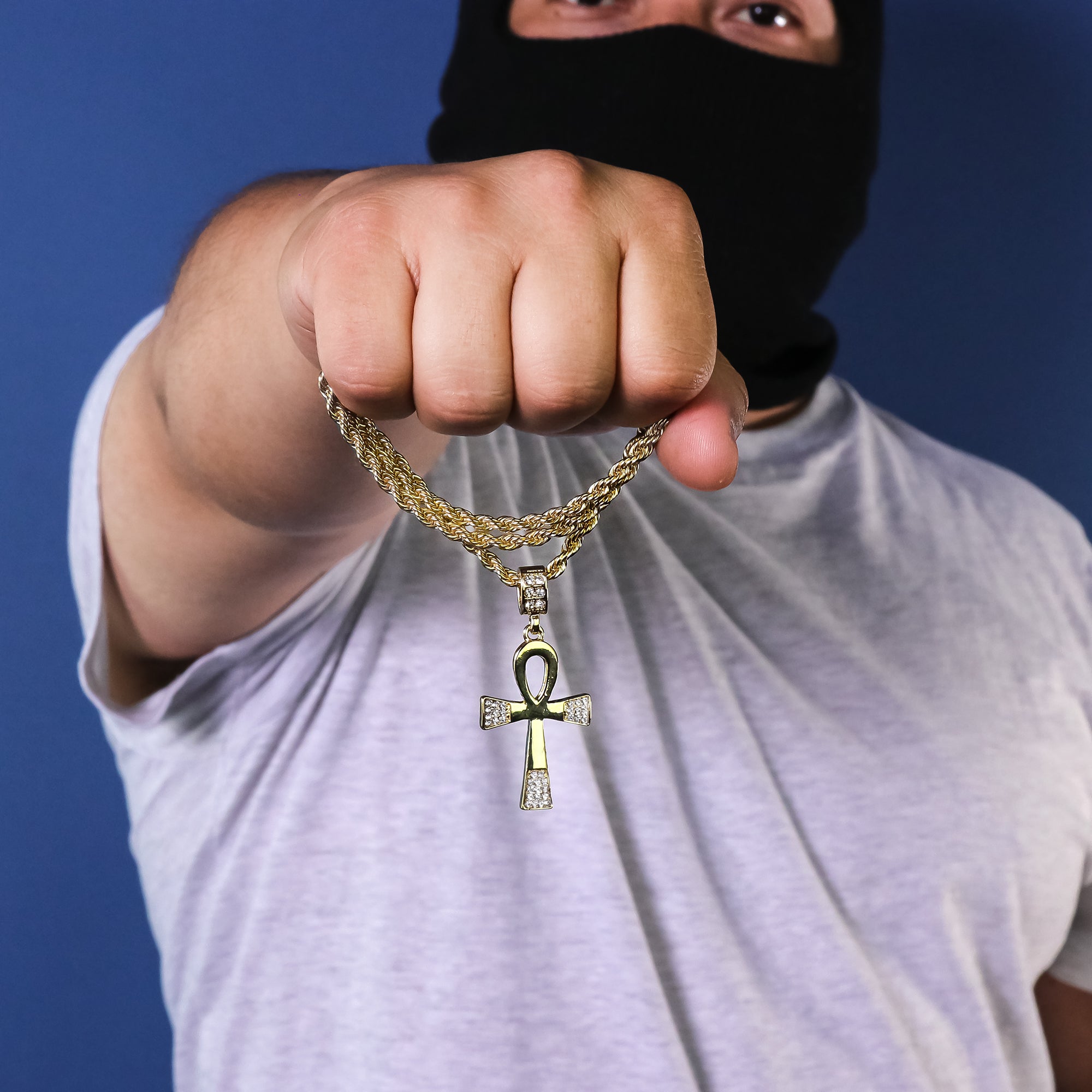 Edge Iced Ankh Pendant 24" Rope Chain Hip Hop 18k Jewelry