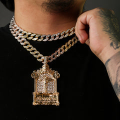 3pc Set Large Jesus Temple Gold Pt 18,20" Fully Cz Hip Hop 3 Tone Cuban Choker Chain