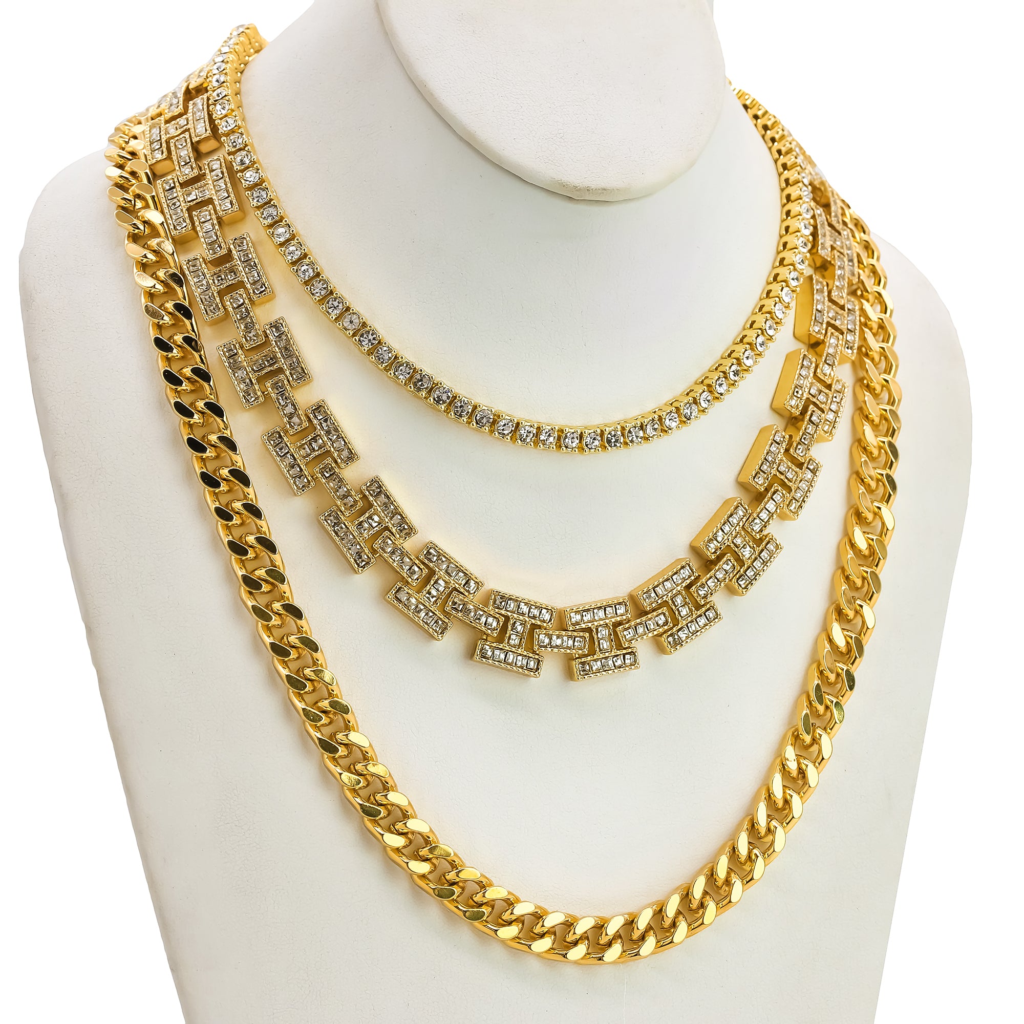 14k Chain 3pcs Bundle 18" Tennis Choker 20" H Style Link & 24" Miami Cuban Chain