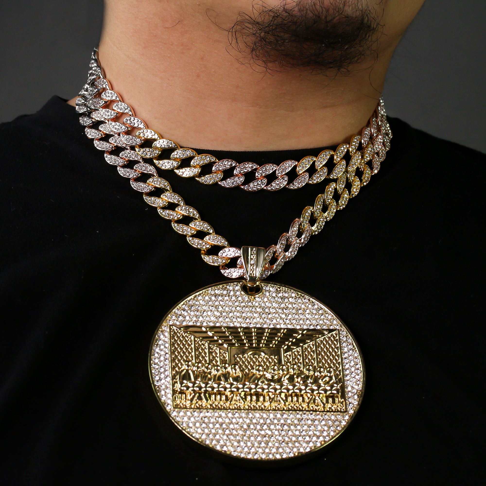 3pc Set – Huge Last Supper Pendant & 3-Tone Iced Cuban Chains 18"/20"