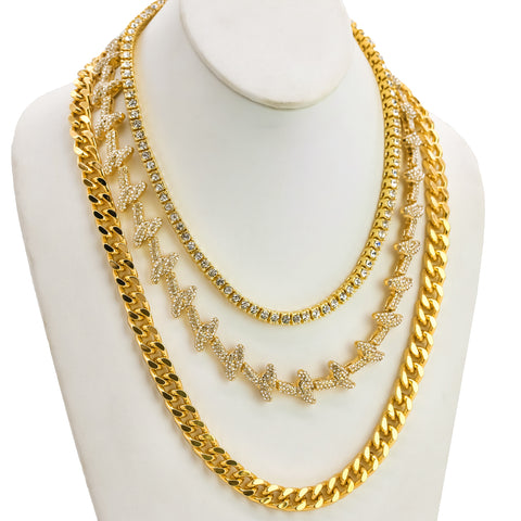 14k Chain 3pcs Bundle 18" Tennis Choker 20" Barbed Wire  & 24" Miami Cuban Chain