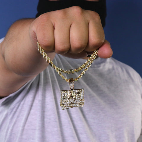$100 Dollar Stack Pendant 24" Rope Chain Hip Hop 18k Jewelry