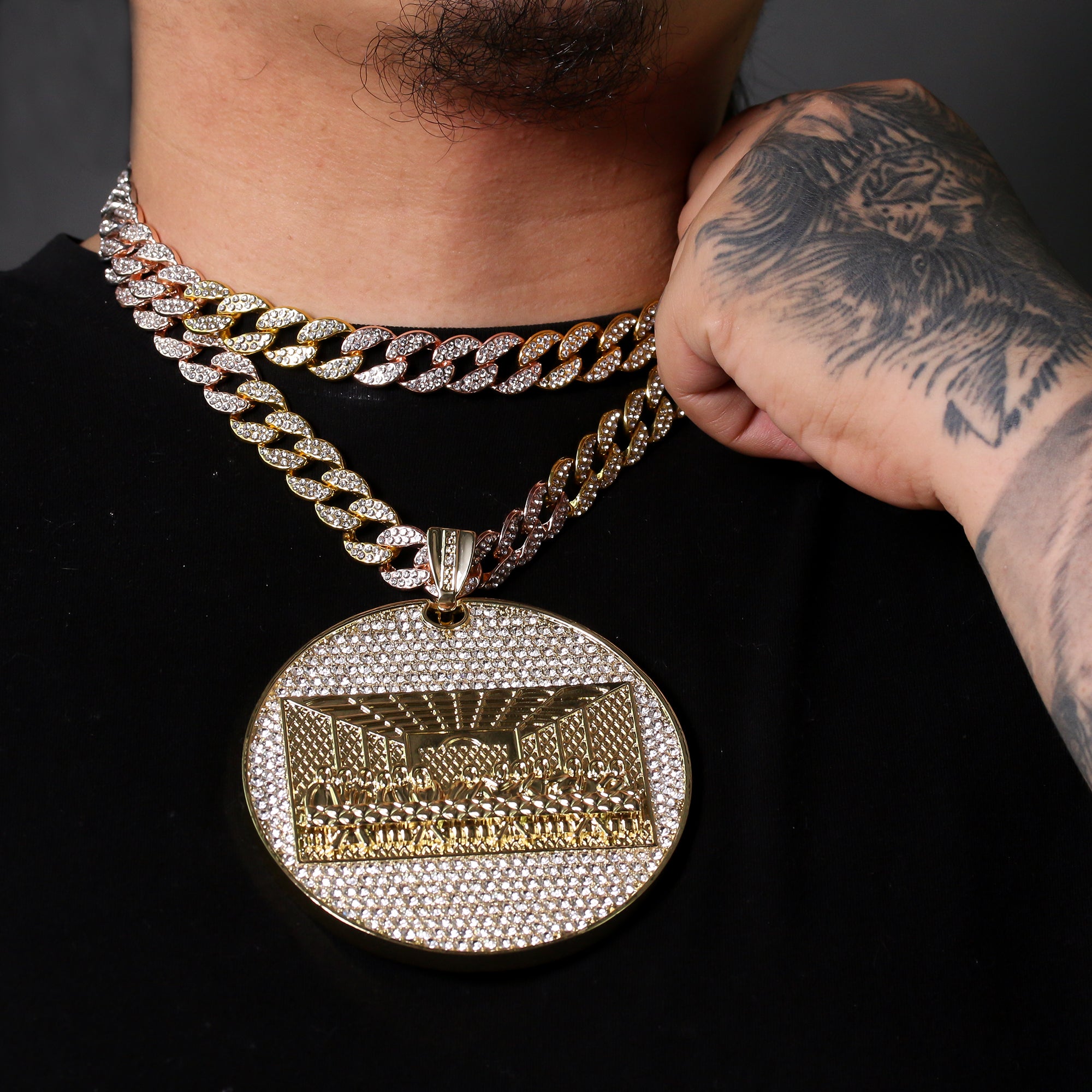 3pc Set – Huge Last Supper Pendant & 3-Tone Iced Cuban Chains 18"/20"