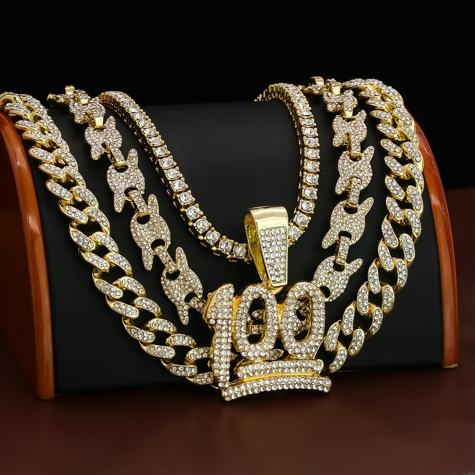 100 Emoji Cz 4 Pcs Set Puffy Mariner Spike Chain, Tennis Chain & Miami Cuban Chain Bundle Gold PT