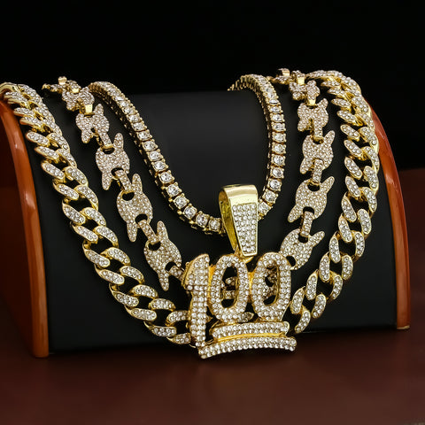 100 Emoji Cz 4 Pcs Set Puffy Mariner Spike Chain, Tennis Chain & Miami Cuban Chain Bundle Gold PT