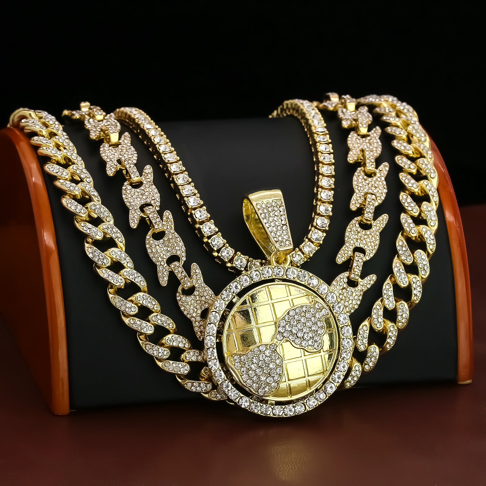 World Spinner Cz 4 Pcs Set Puffy Mariner Spike Chain, Tennis Chain & Miami Cuban Chain Bundle Gold PT