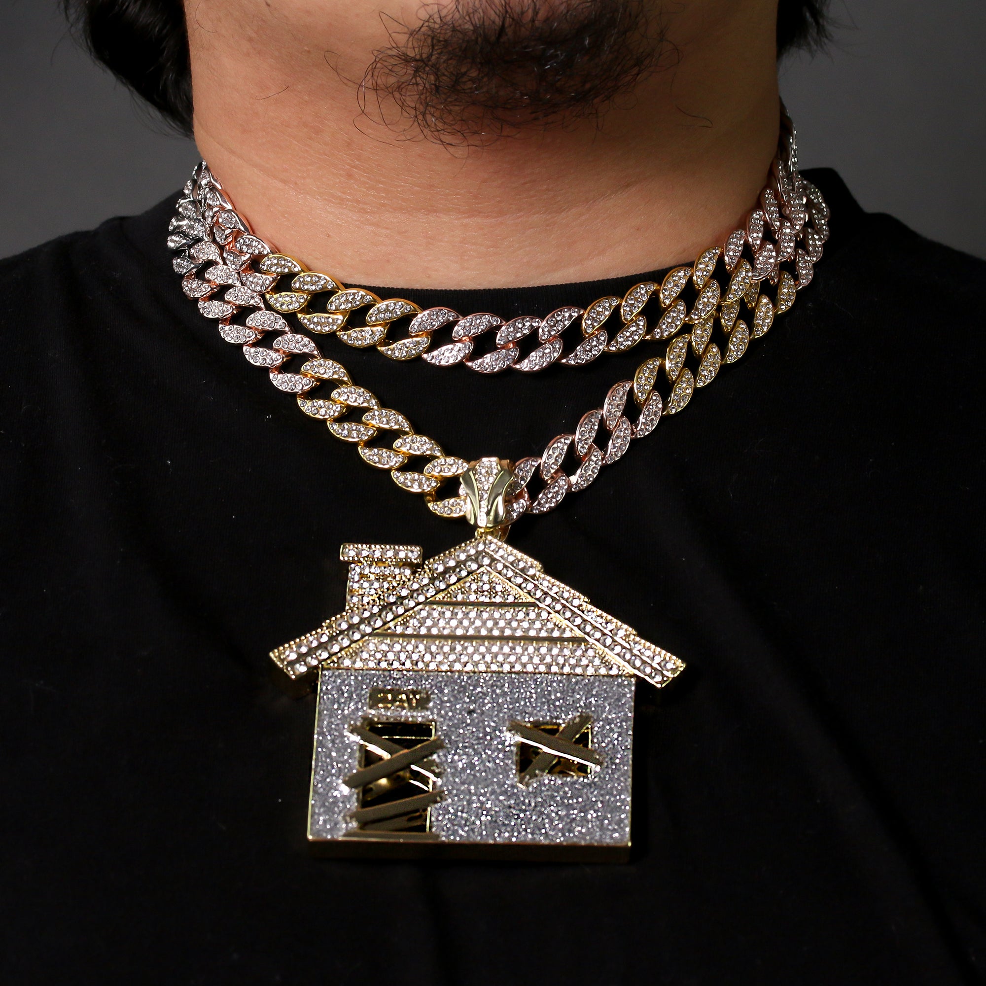 3pc Set โ Huge Stardust Bando House Pendant & 3-Tone Iced Cuban Chains 18"/20"