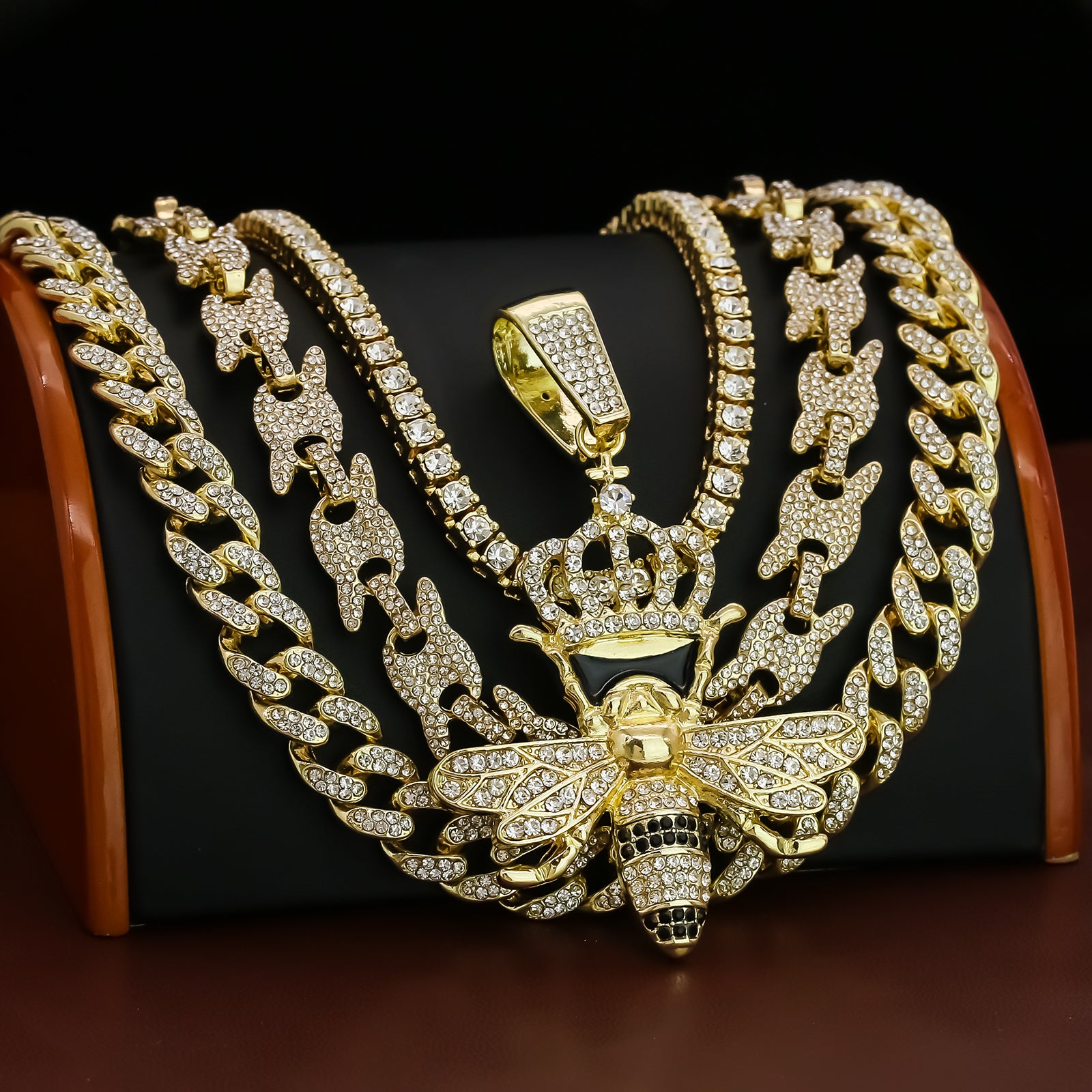 Crown Bee Cz 4 Pcs Set Puffy Mariner Spike Chain, Tennis Chain & Miami Cuban Chain Bundle Gold PT