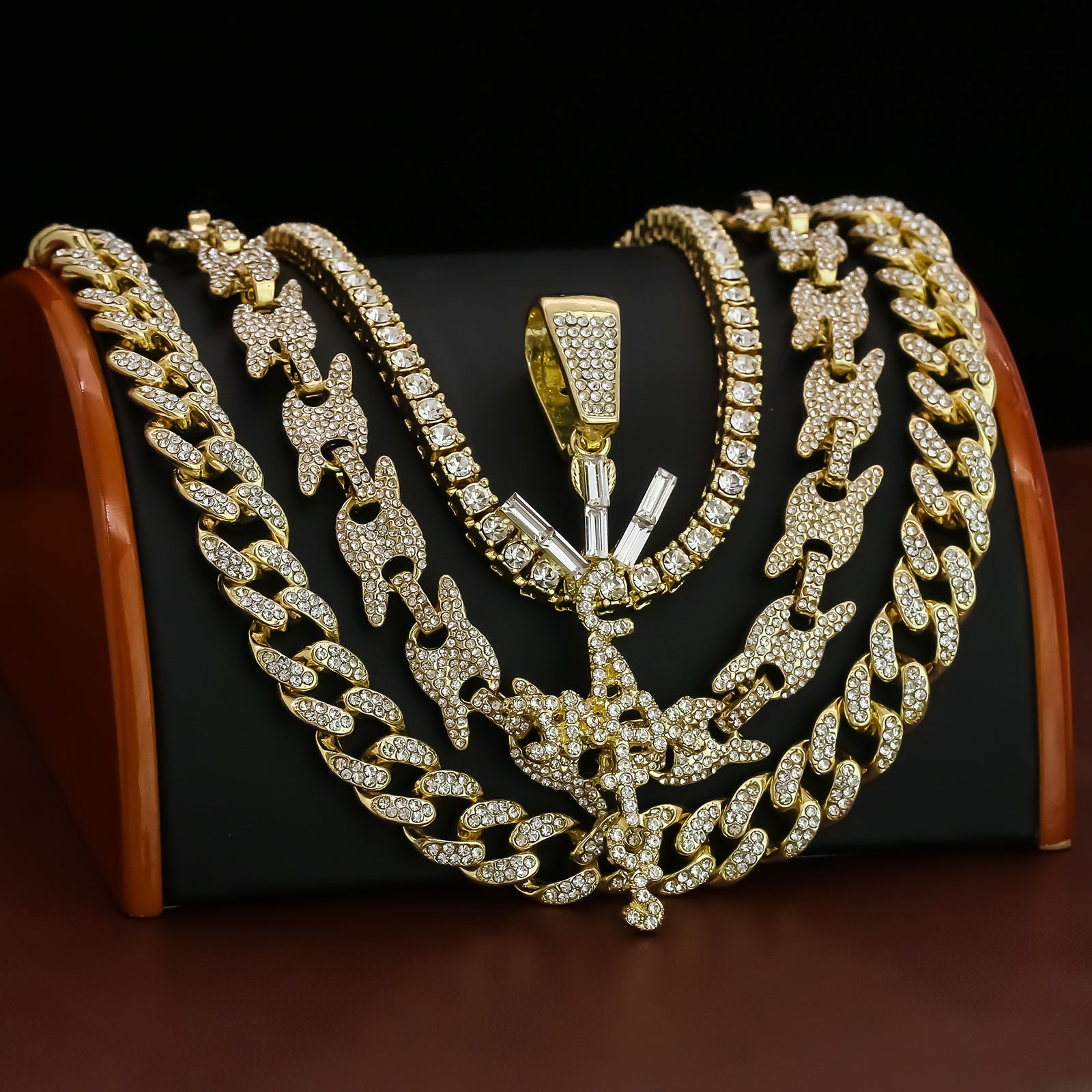Cactus letter Cross Cz 4 Pcs Set Puffy Mariner Spike Chain, Tennis Chain & Miami Cuban Chain Bundle Gold PT