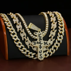 Cactus Cross Cz 4 Pcs Set Puffy Mariner Spike Chain, Tennis Chain & Miami Cuban Chain Bundle Gold PT