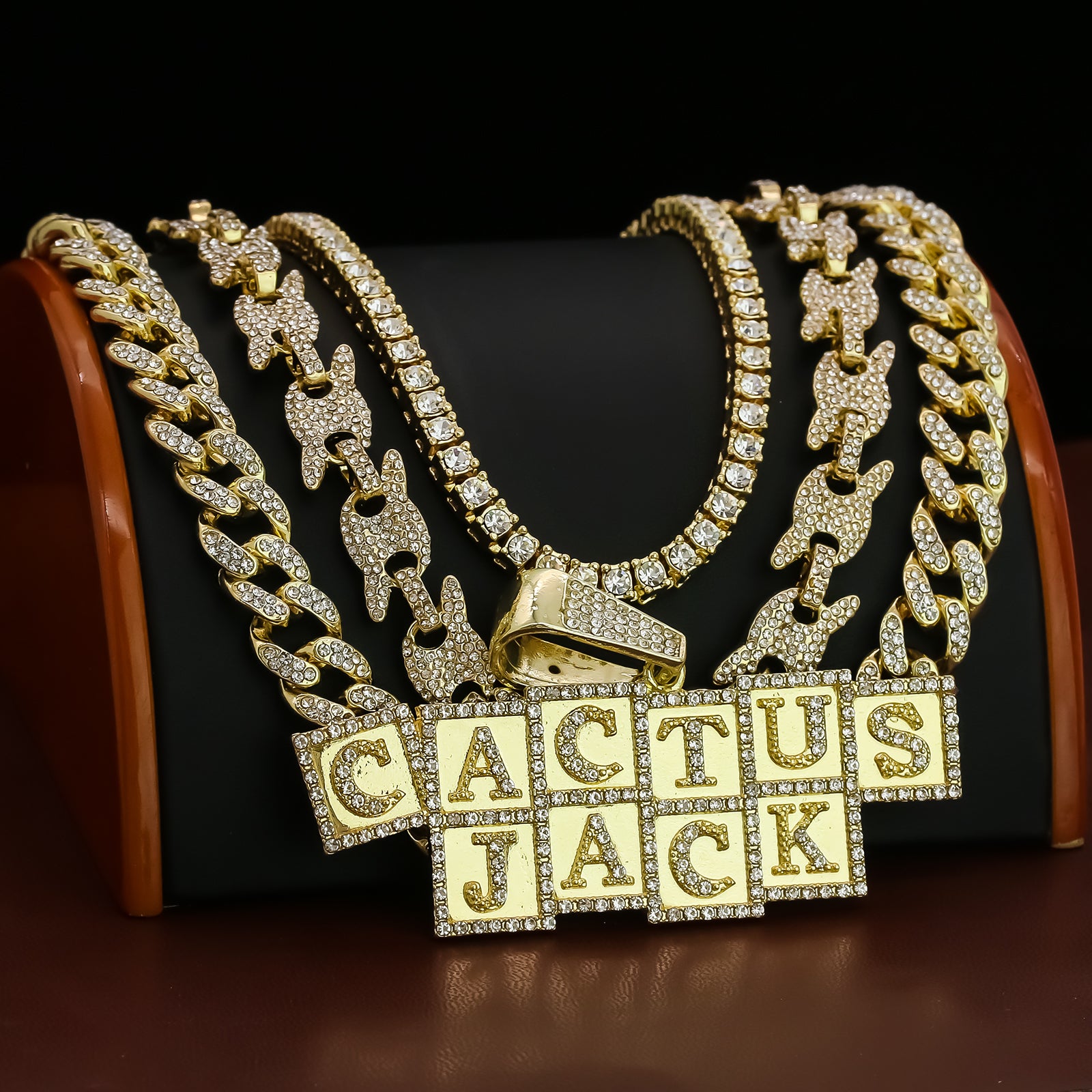 Cactus Cubes letter Cz 4 Pcs Set Puffy Mariner Spike Chain, Tennis Chain & Miami Cuban Chain Bundle Gold PT