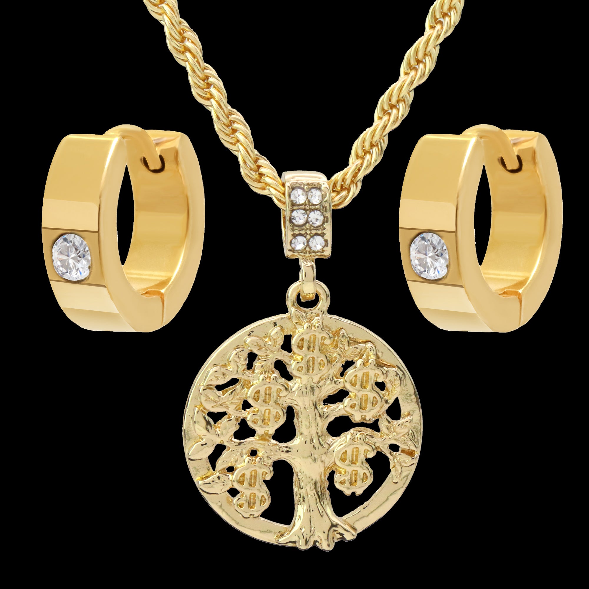 Gold Plated Money Tree Pendant 24" Rope Chain/Stainless Steel Huggie Hoop Cz Earrings 2pc Set